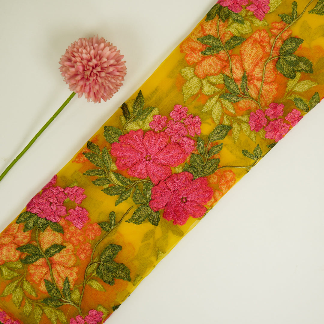 Afsoon Floral Jaal on Gold Silk Organza Embroidered Fabric