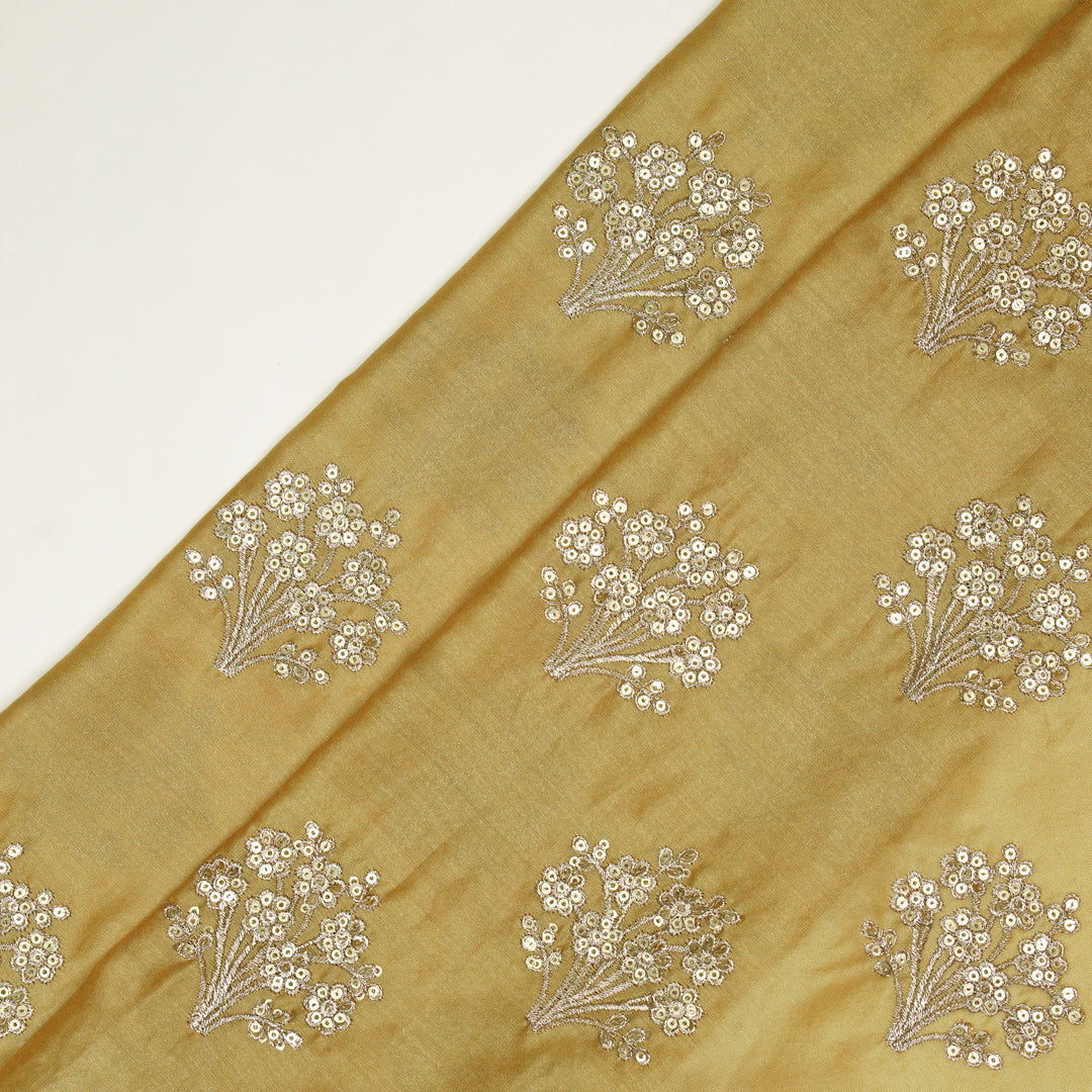 Warda Buta on Gold Silk Chanderi Embroidered Fabric