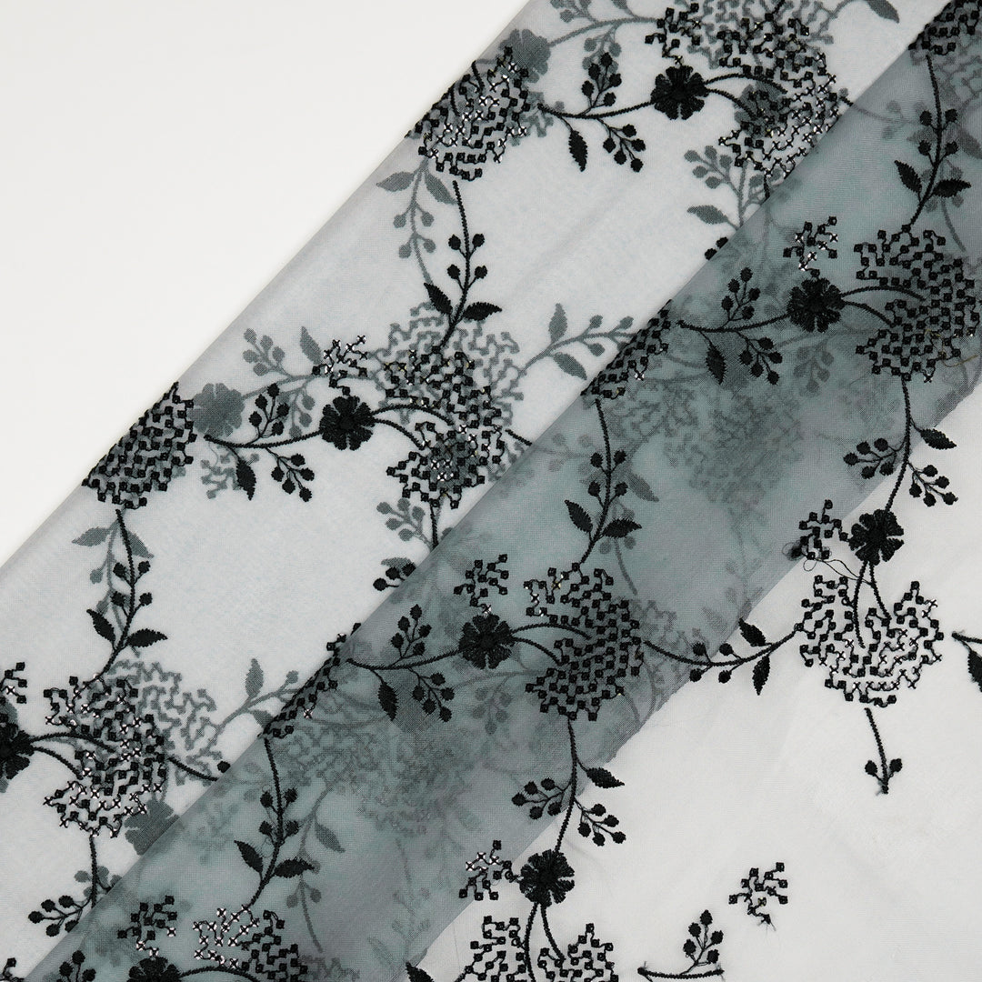 Nishika Jaal on Grey Silk Organza Embroidered Fabric