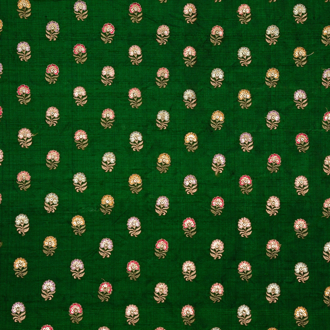 Gulfi Buti on Leaf Green Raw Silk Embroidered Fabric