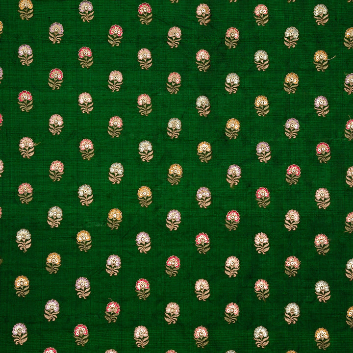 Gulfi Buti on Leaf Green Raw Silk Embroidered Fabric