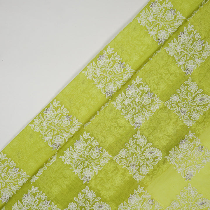 Chokor Buta on Lime Green Cotton Silk Embroidered Fabric