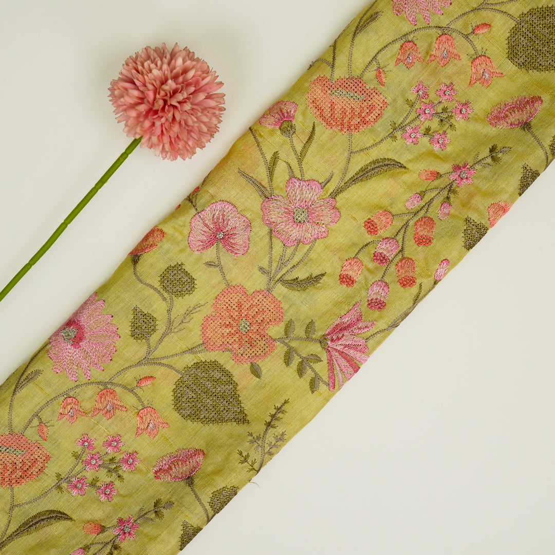 Kanan Jaal On Lemon Tussar Silk Embroidered Fabric