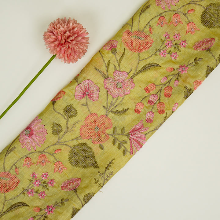 Kanan Jaal On Lemon Tussar Silk Embroidered Fabric