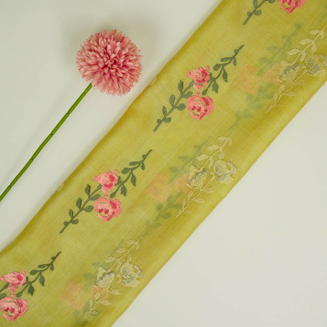 Noura Buta On Lemon Tussar Silk Embroidered Fabric