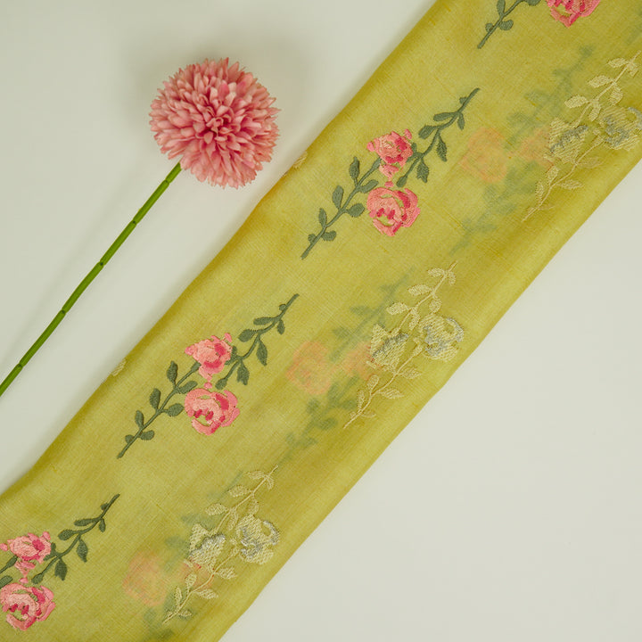 Noura Buta On Lemon Tussar Silk Embroidered Fabric