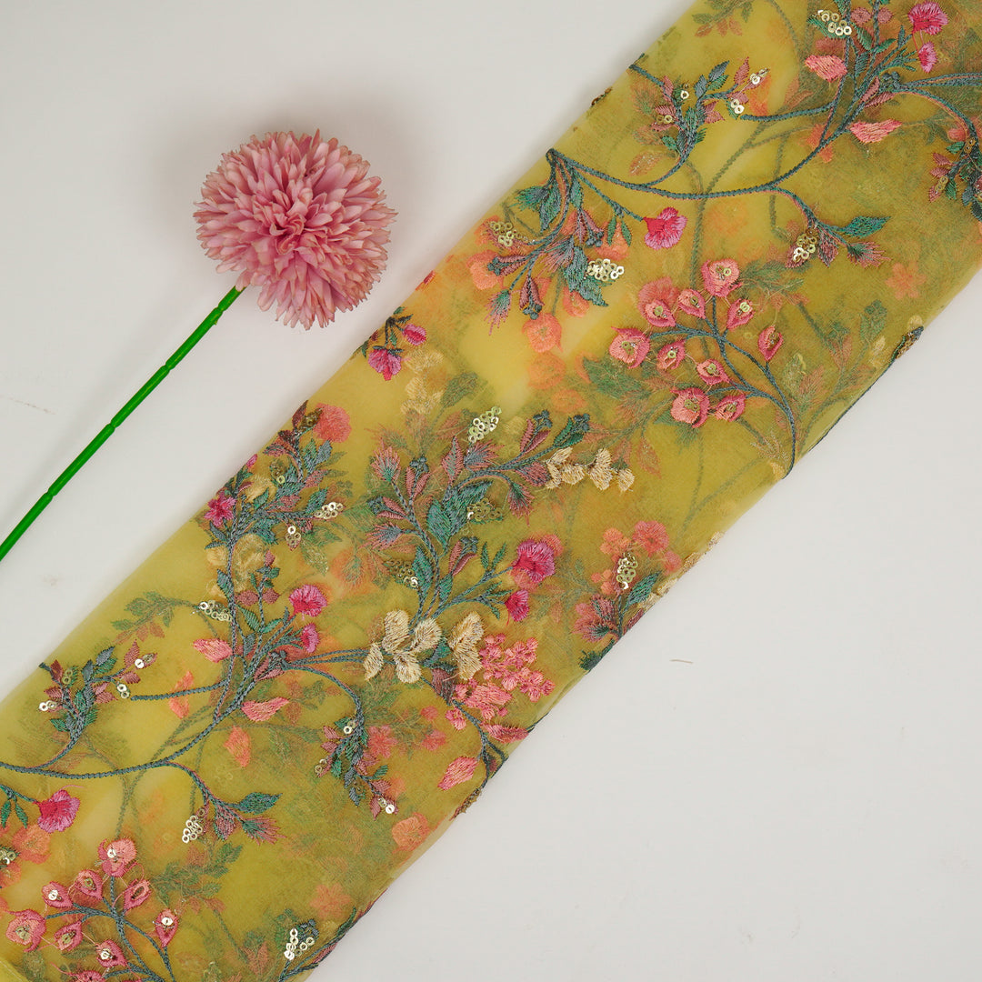 Nazm Jaal on Lemon Silk Organza Embroidered Fabric