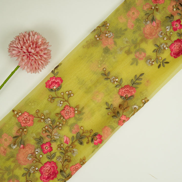 Saanjh Jaal on Lemon Silk Organza Embroidered Fabric