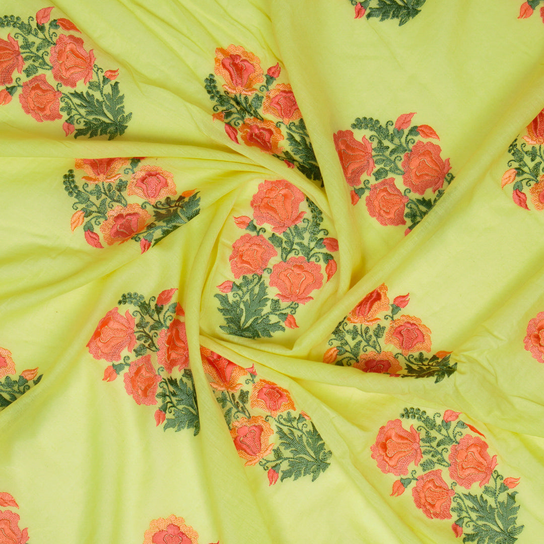 Aria Floral Buta on Lemon Malmal Embroidered Fabric