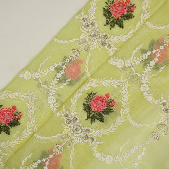 Roseen Jaal on Light Lemon Cotton Silk Embroidered Fabric