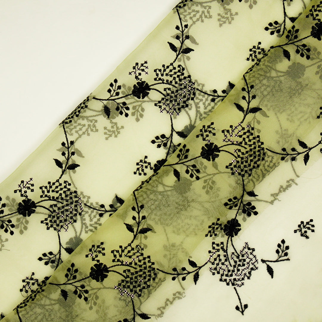 Nishika Jaal on Light Lemon Silk Organza Embroidered Fabric