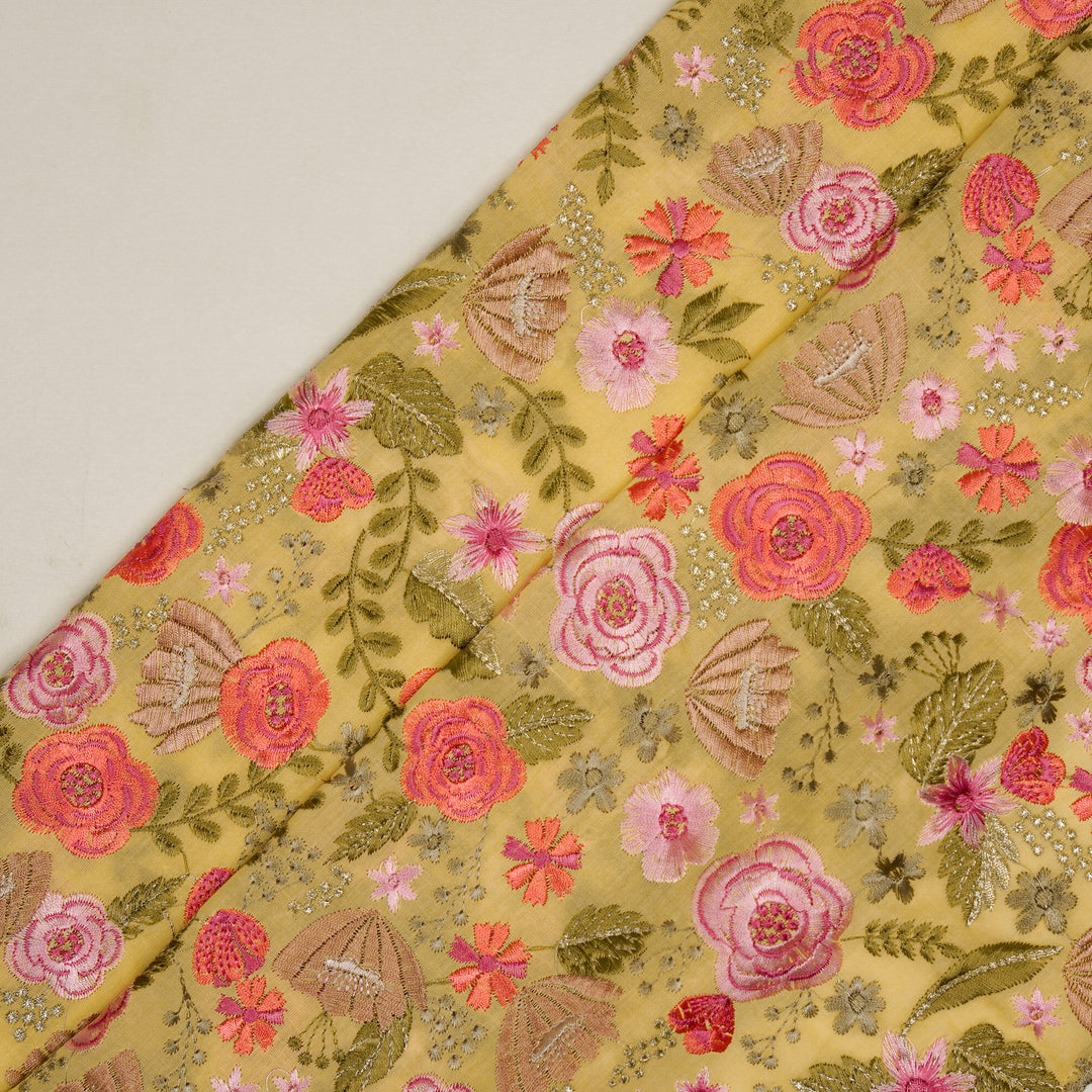 Waha Jaal on Light Lemon Silk Chanderi Embroidered Fabric