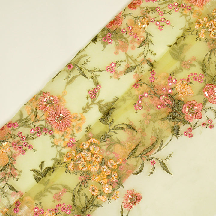 Riyad Jaal on Light Lemon Silk Organza Embroidered Fabric