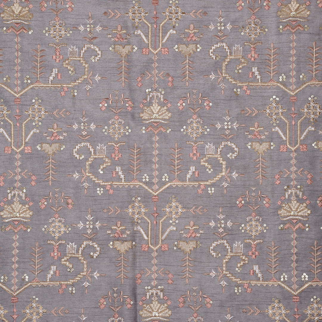 ilaaya Jaal on Light Mauve Semi Raw Silk Embroidered Fabric