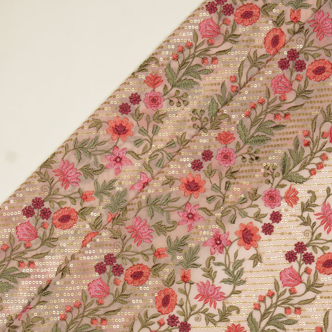 Kanan Jaal on Light Peach Semi Georgette Embroidered Fabric