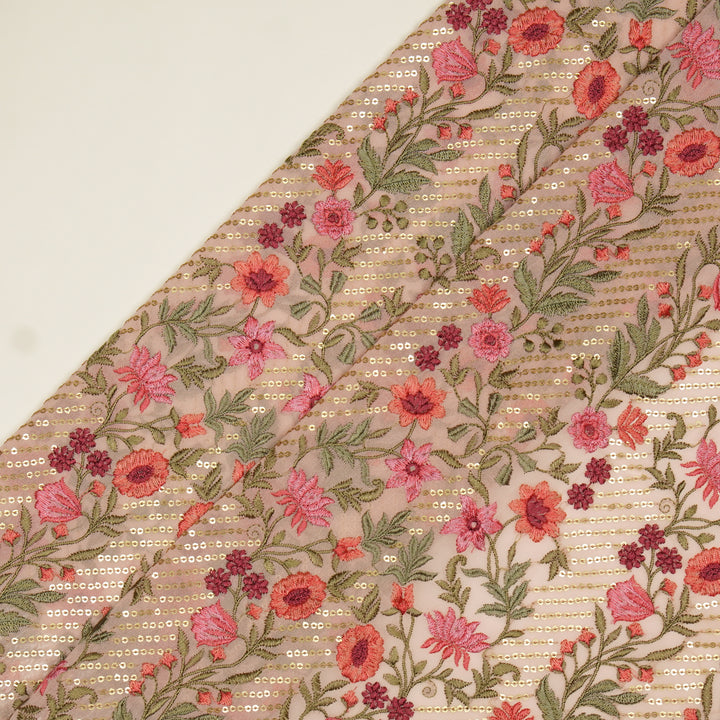 Kanan Jaal on Light Peach Semi Georgette Embroidered Fabric