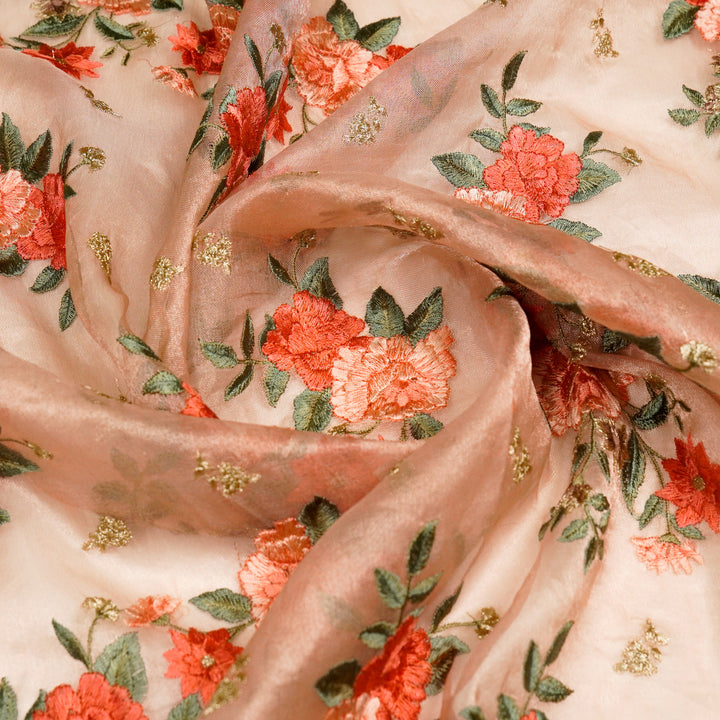 Anisa Floral Butas on Light Peach Pure Silk Tissue Embroidered Fabric