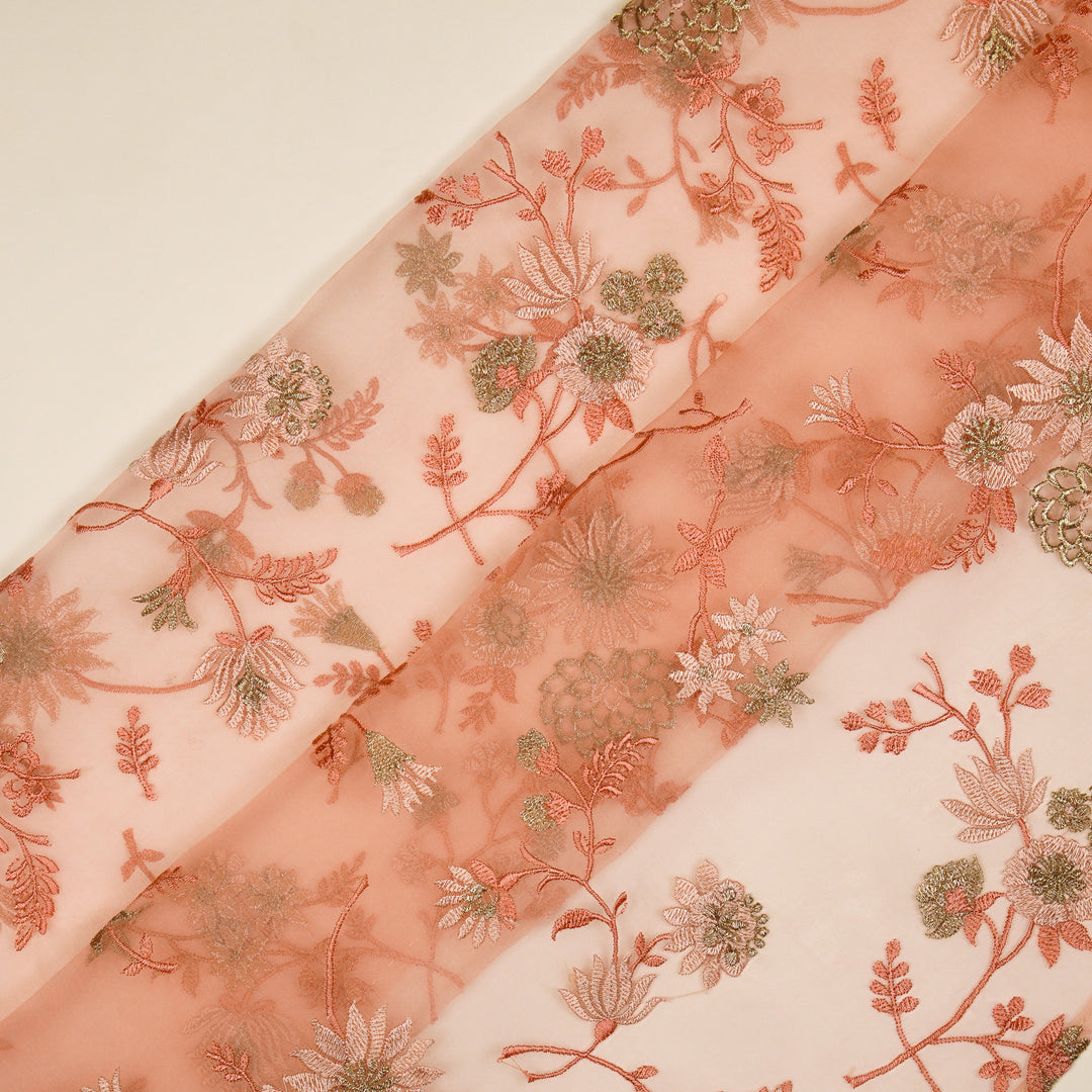 Komal Buta on Light Peach Silk Organza Embroidered Fabric