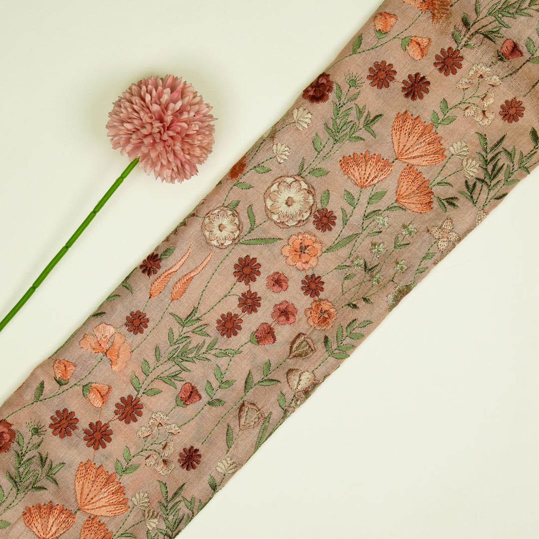 Madhuban Jaal On Light Peach Tussar Silk Embroidered Fabric