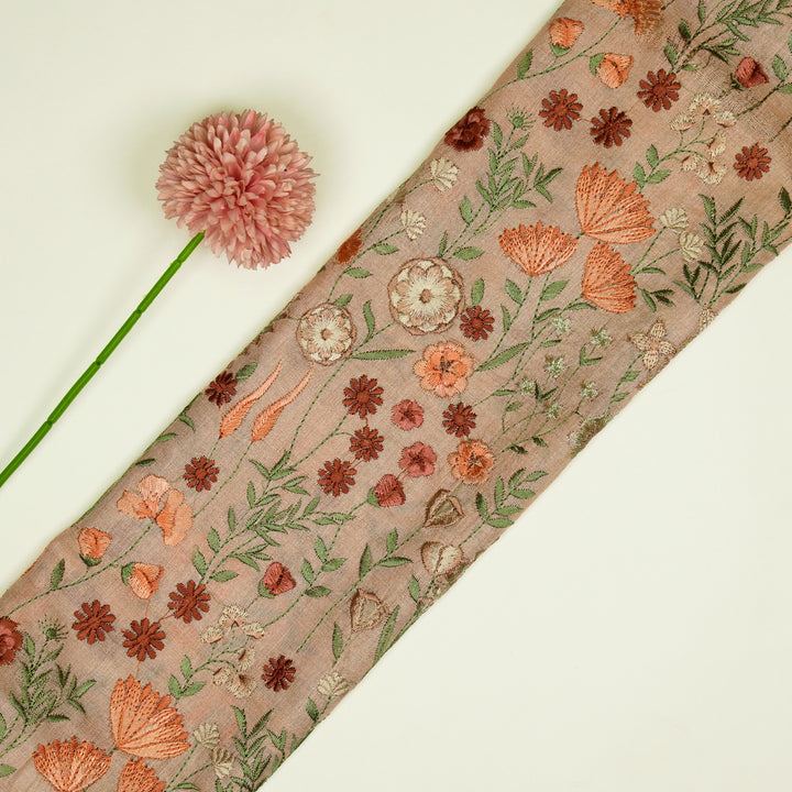 Madhuban Jaal On Light Peach Tussar Silk Embroidered Fabric