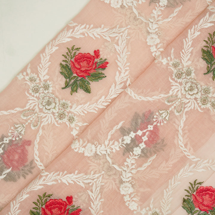 Roseen Jaal on Light Peach Cotton Silk Embroidered Fabric