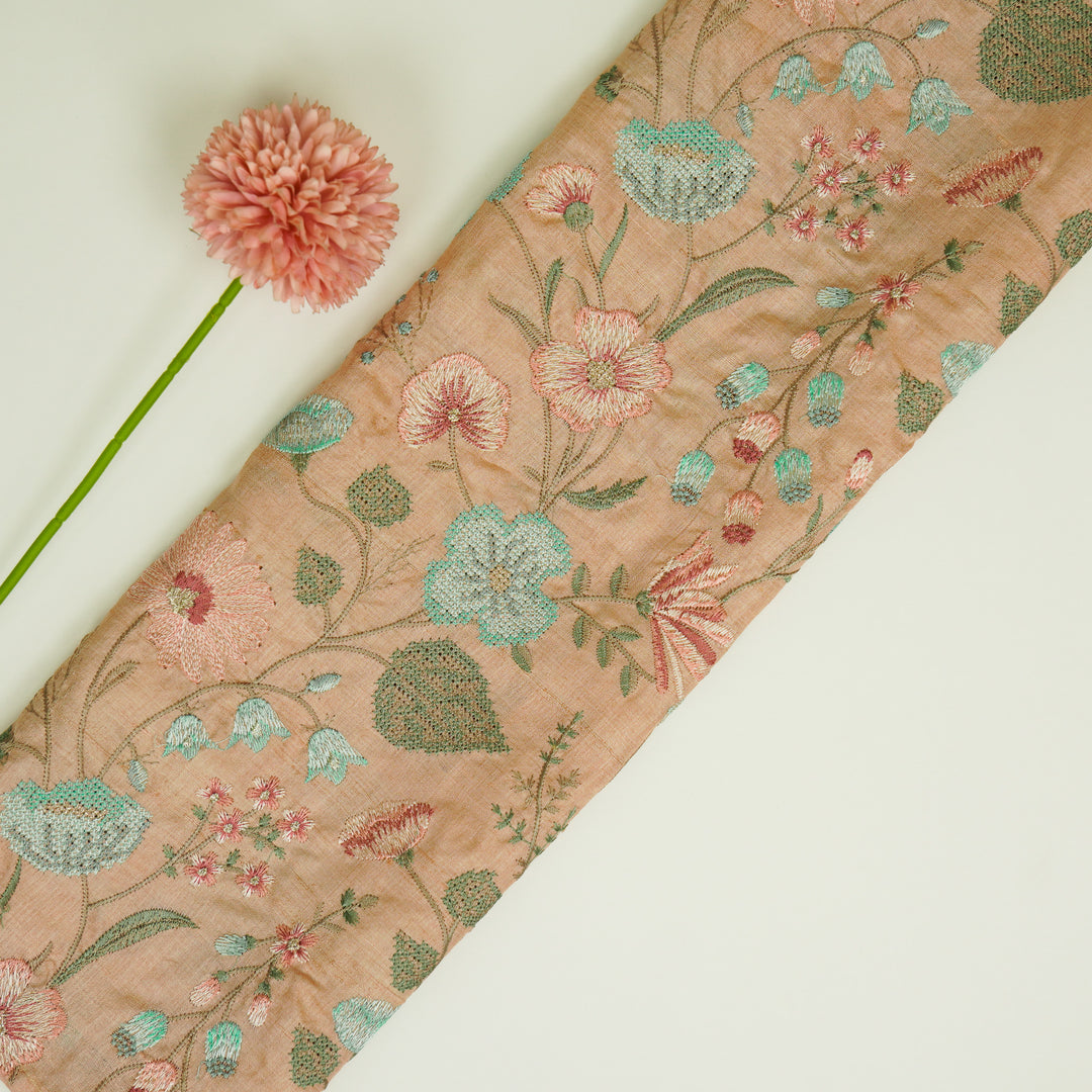 Kanan Jaal On Light Peach Tussar Silk Embroidered Fabric