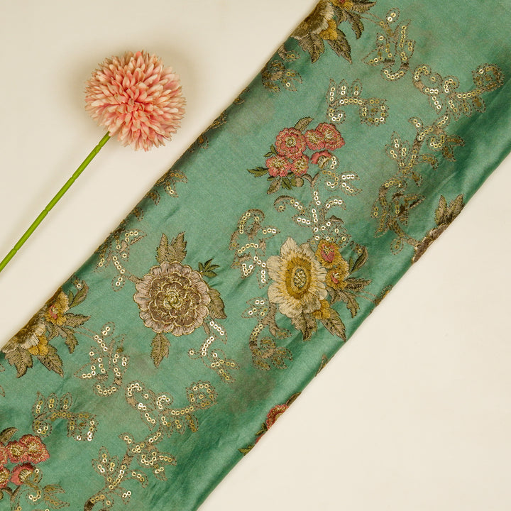 Abhra Jaal on Light Teal Luxe Silk Chanderi Embroidered Fabric