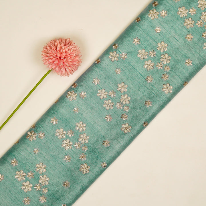 Afnan Buti on Light Turquoise Raw Silk Embroidered Fabric
