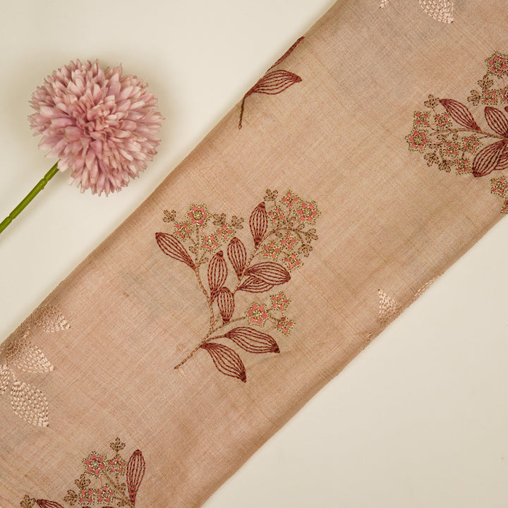 Kisalay Buta On Light Peach Tussar Silk Embroidered Fabric