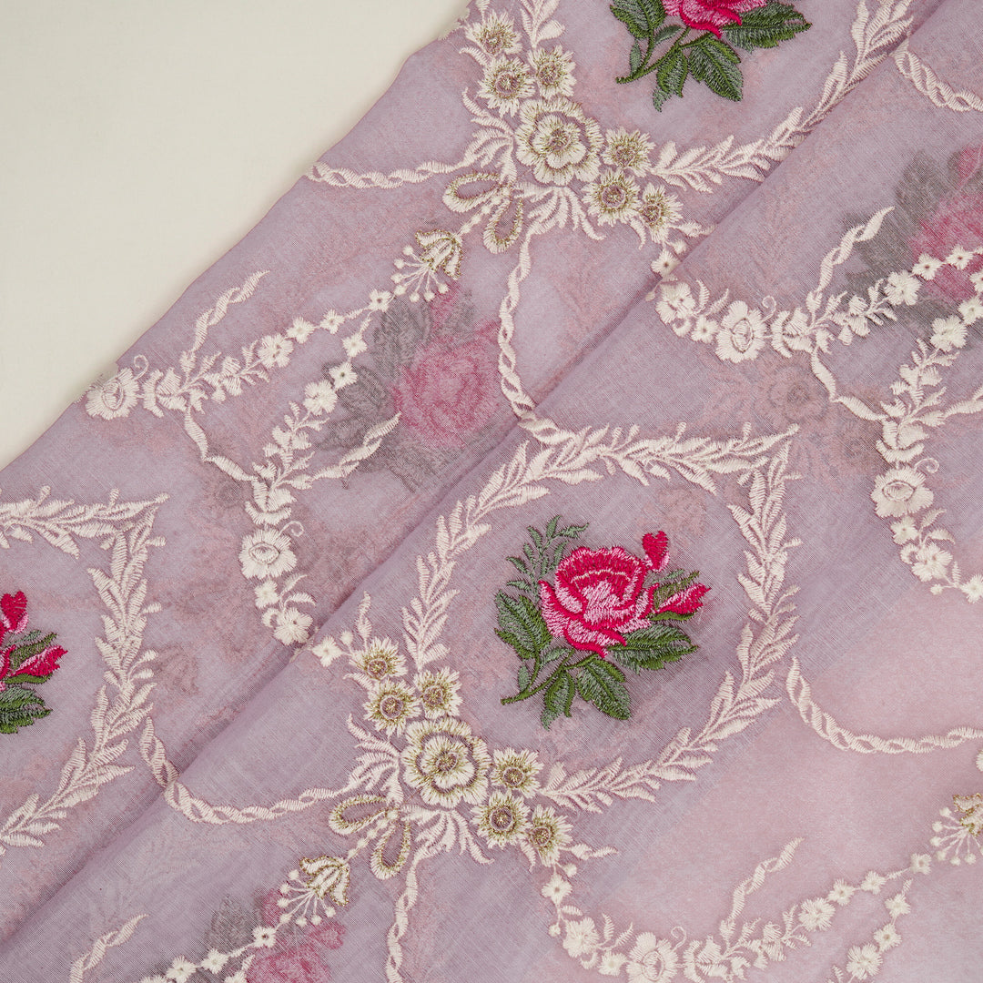 Roseen Jaal on Lilac Cotton Silk Embroidered Fabric