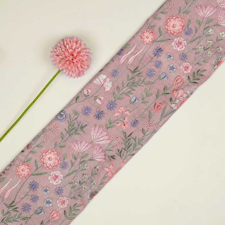 Madhuban Jaal On Lilac Tussar Silk Embroidered Fabric