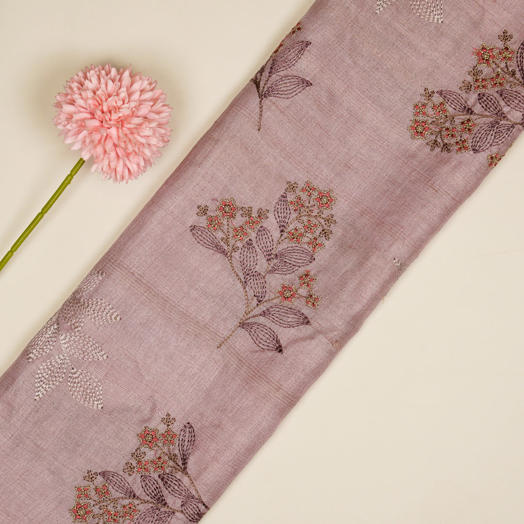 Kisalay Buta On Lilac Tussar Silk Embroidered Fabric
