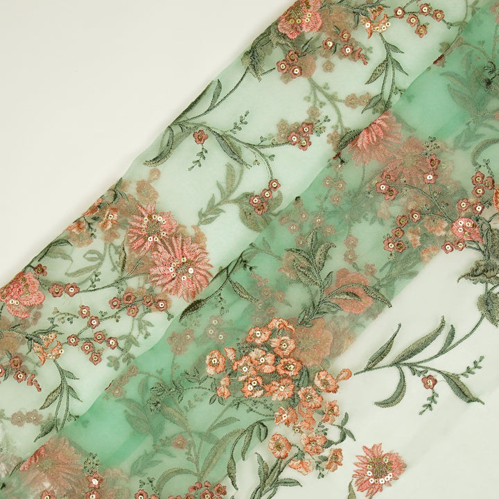 Riyad Jaal on Light Aqua Silk Organza Embroidered Fabric
