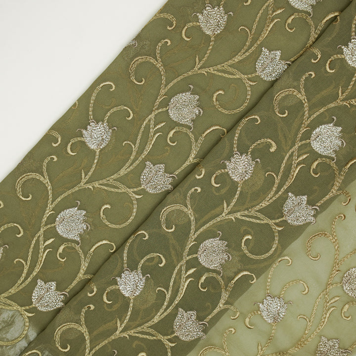 Tamira Jaal on Light Olive Semi Georgette Embroidered Fabric