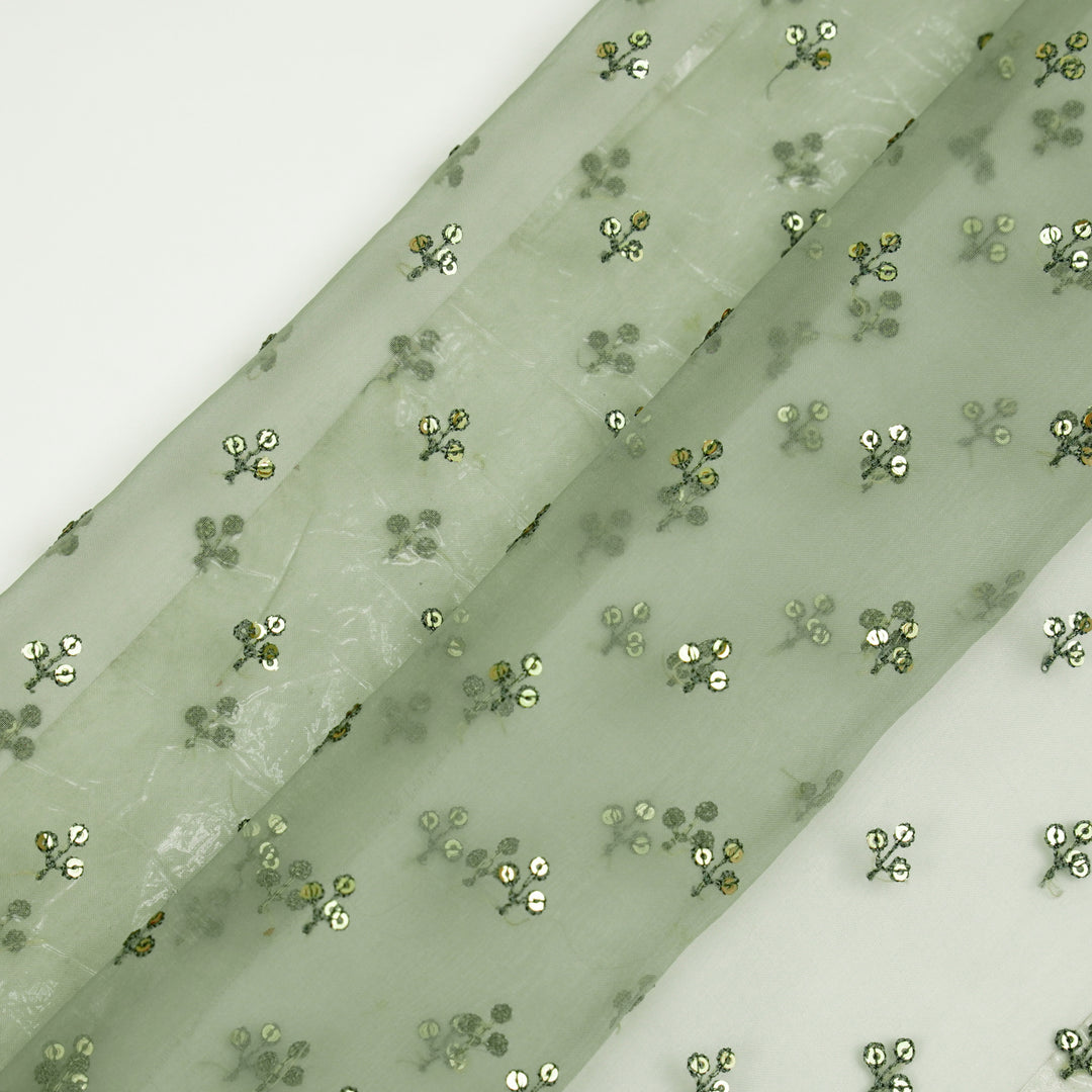 Sunheri Buti on Moss Green Silk Organza Embroidered Fabric