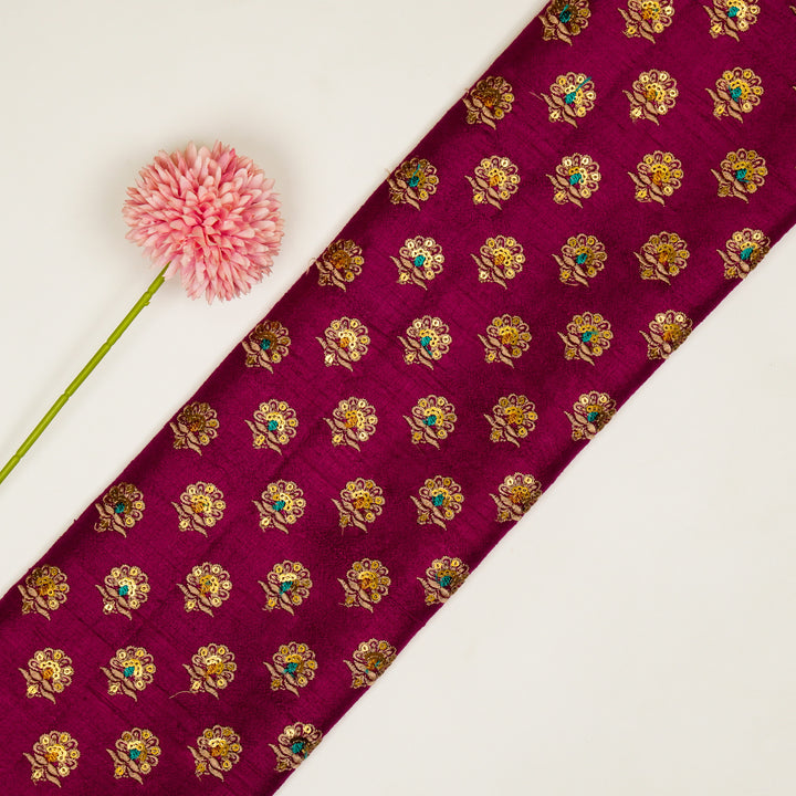 Muneer Buti on Magenta Raw Silk Embroidered Fabric