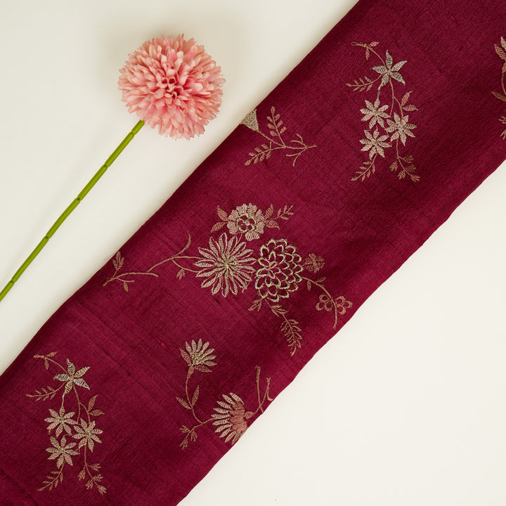 Mahzar Jaal On Magenta Tussar Silk Embroidered Fabric