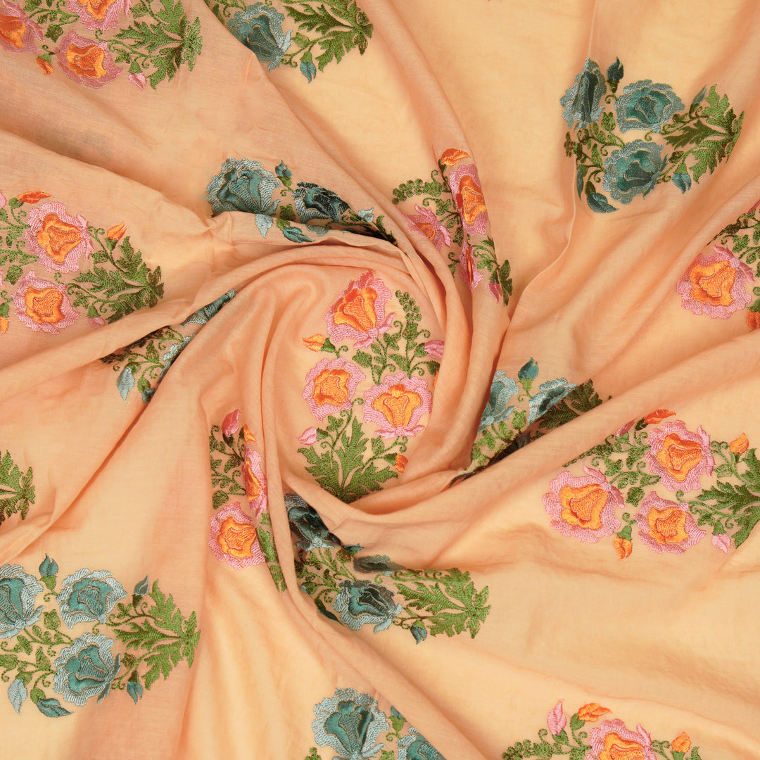 Aria Floral Buta on Peach Malmal Embroidered Fabric