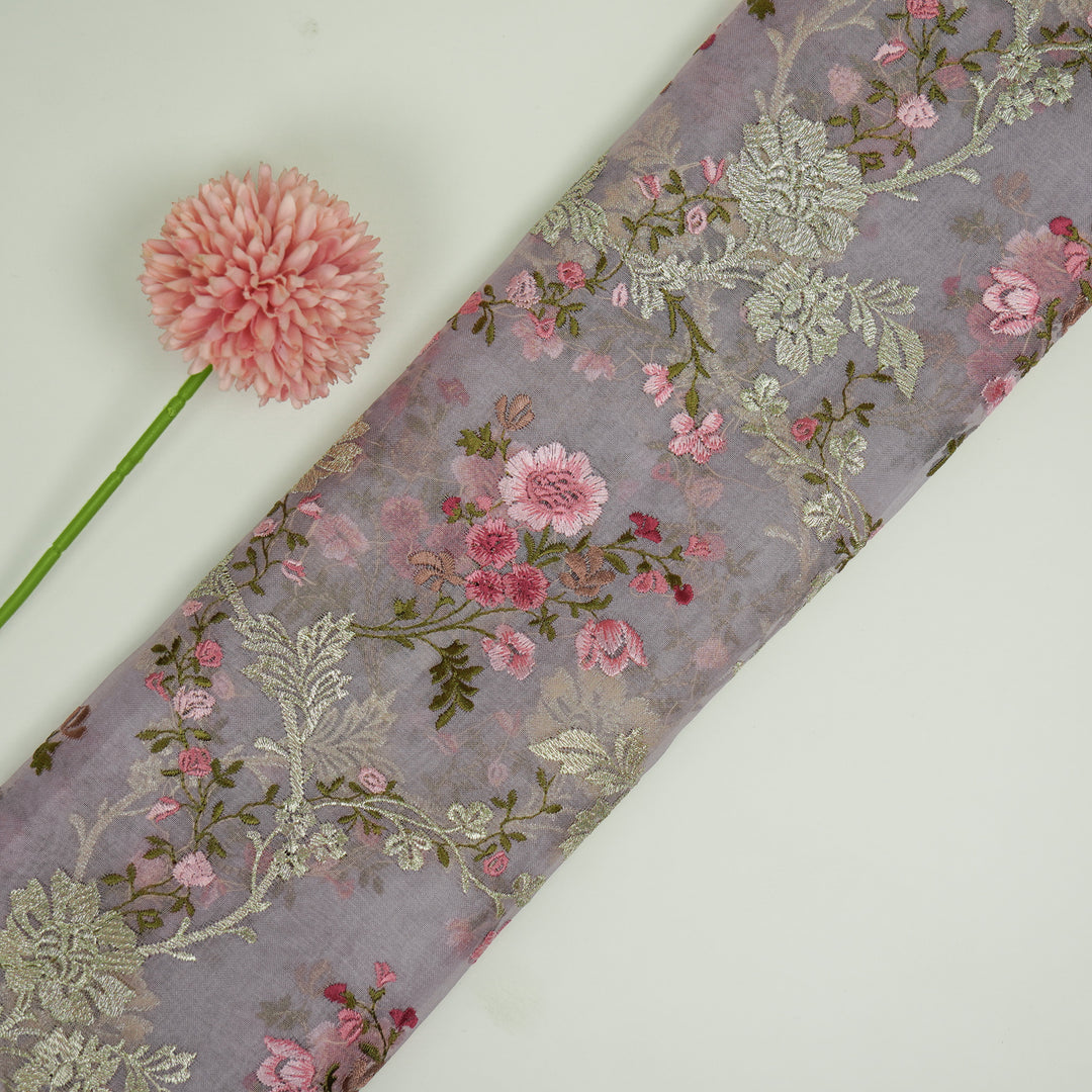 Sarangi Jaal on Mauve Silk Organza Embroidered Fabric
