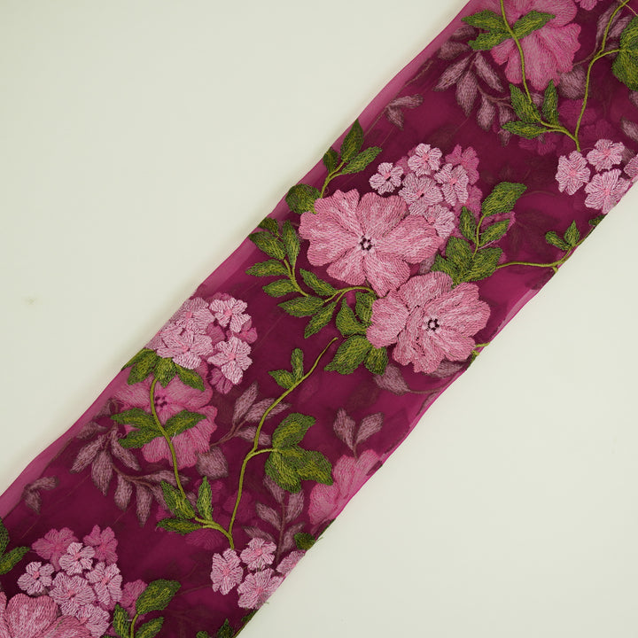 Afsoon Floral Jaal on Magenta Silk Organza Embroidered Fabric