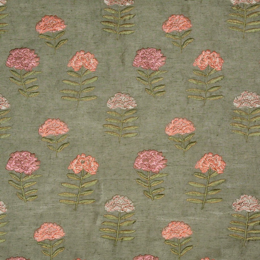 Nayla Buta on Moss/Green  Silk Linen Embroidered Fabric