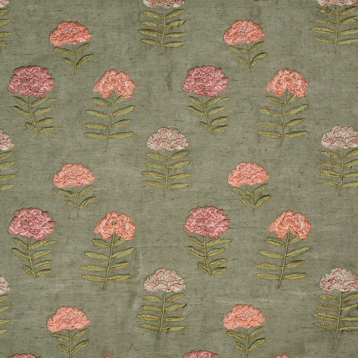 Nayla Buta on Moss/Green  Silk Linen Embroidered Fabric