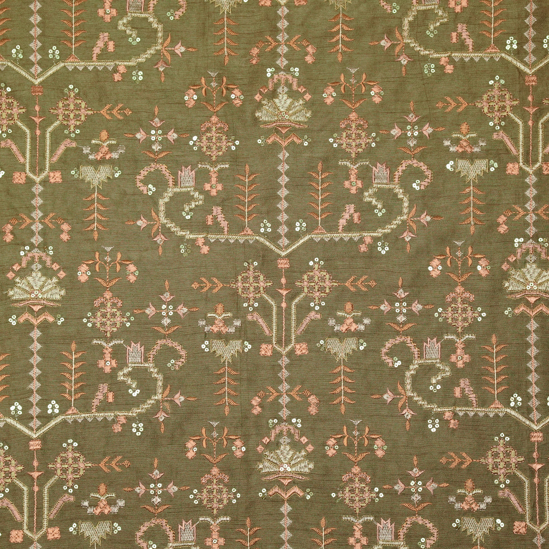 ilaaya Jaal on Mouse Semi Raw Silk Embroidered Fabric