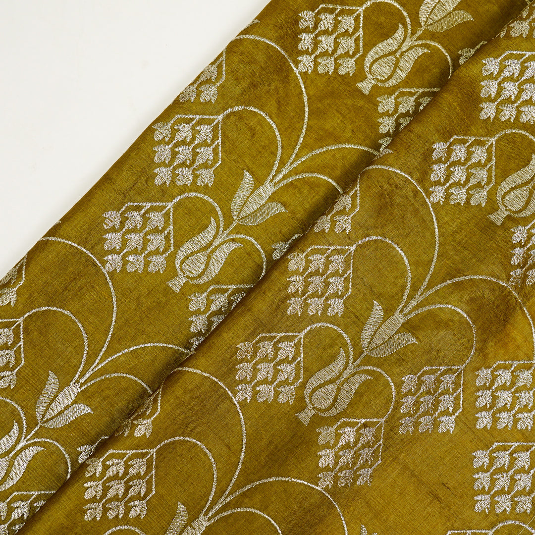 Bushra Jaal On Mustard Tussar Silk Embroidered Fabric