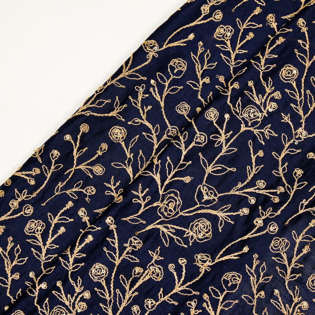 Aseel Jaal on Navy Blue Silk Chanderi Embroidered Fabric