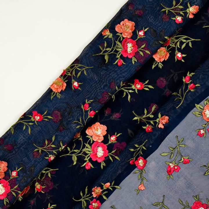 Zahira Buta on Navy Blue Silk Organza Embroidered Fabric