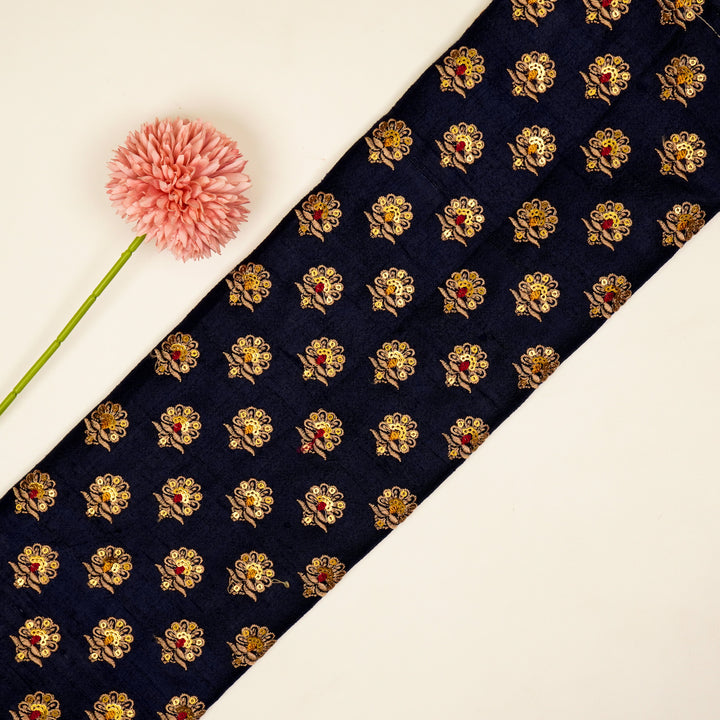 Muneer Buti on Navy Blue  Raw Silk Embroidered Fabric