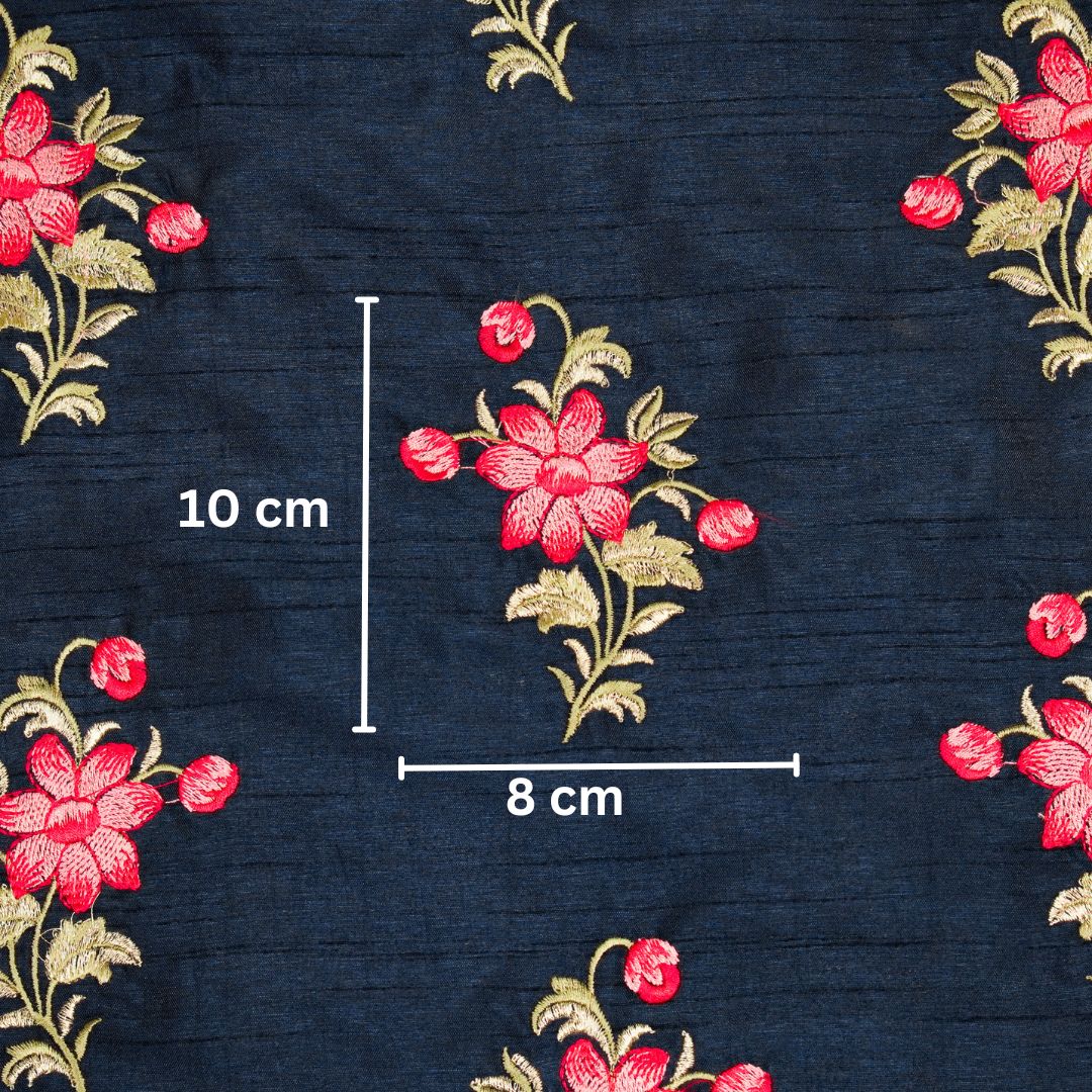 Dalia Floral Buta on Navy Blue Semi Raw Silk Embroidered Fabric