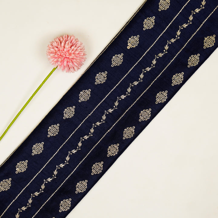 Akaar jaal on Navy Blue Raw Silk Embroidered Fabric