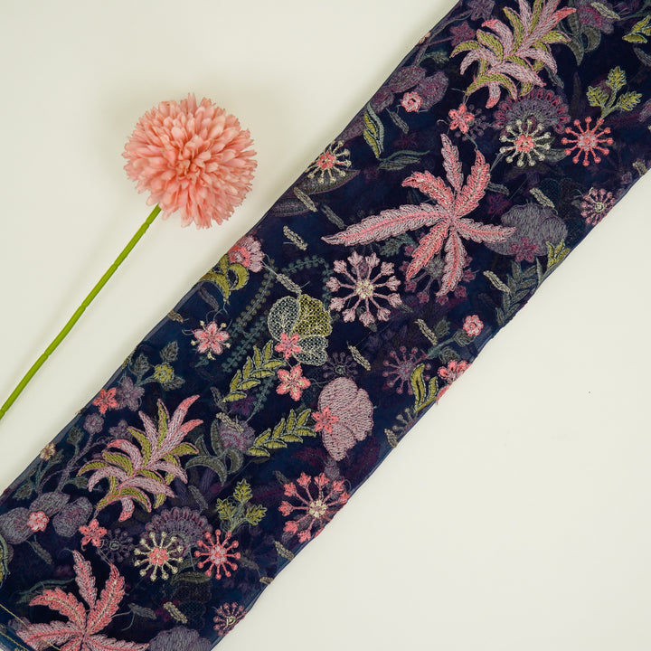 Saman Jaal on Navy Blue Silk Organza Embroidered Fabric